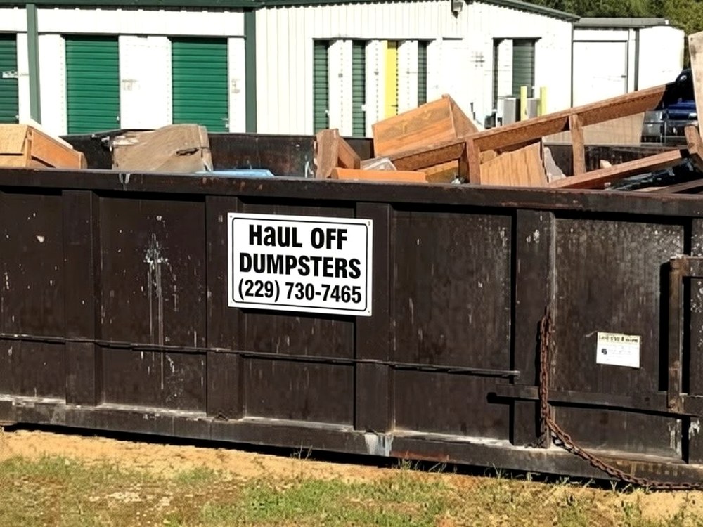 A Haul Off Dumpsters container filled with timber offcuts and building debris at a storage-unit yard