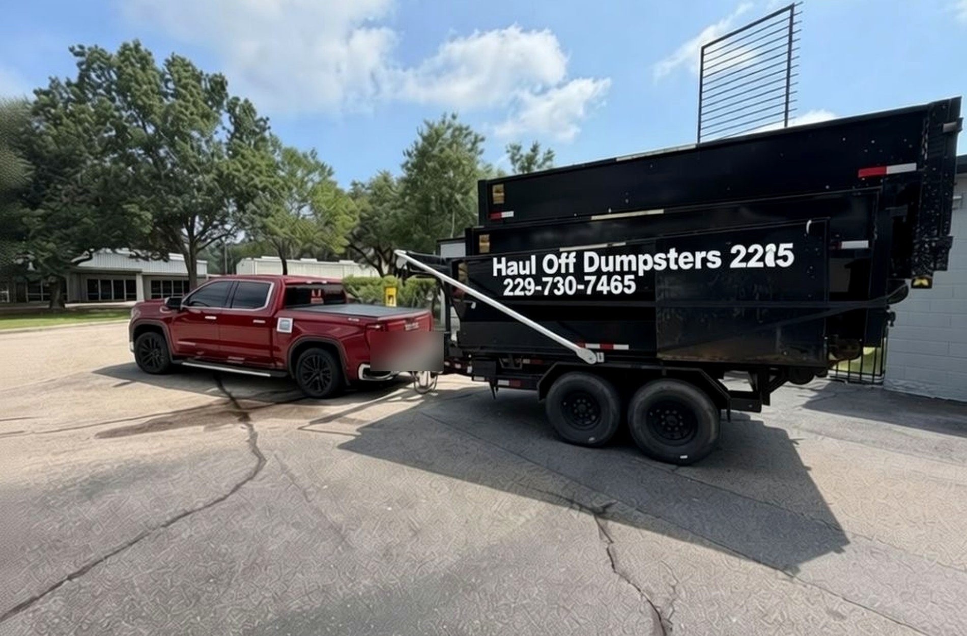 The Haul Off Dumpsters dump trailer, lettered with the business name and phone number along its side, hitched to a pickup truck