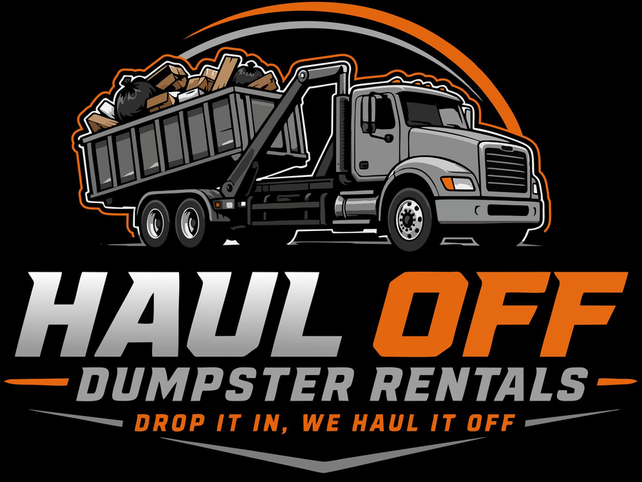Haul Off Dumpster Rentals logo, a roll-off truck above the words Haul Off Dumpster Rentals and the line Drop it in, we haul it off
